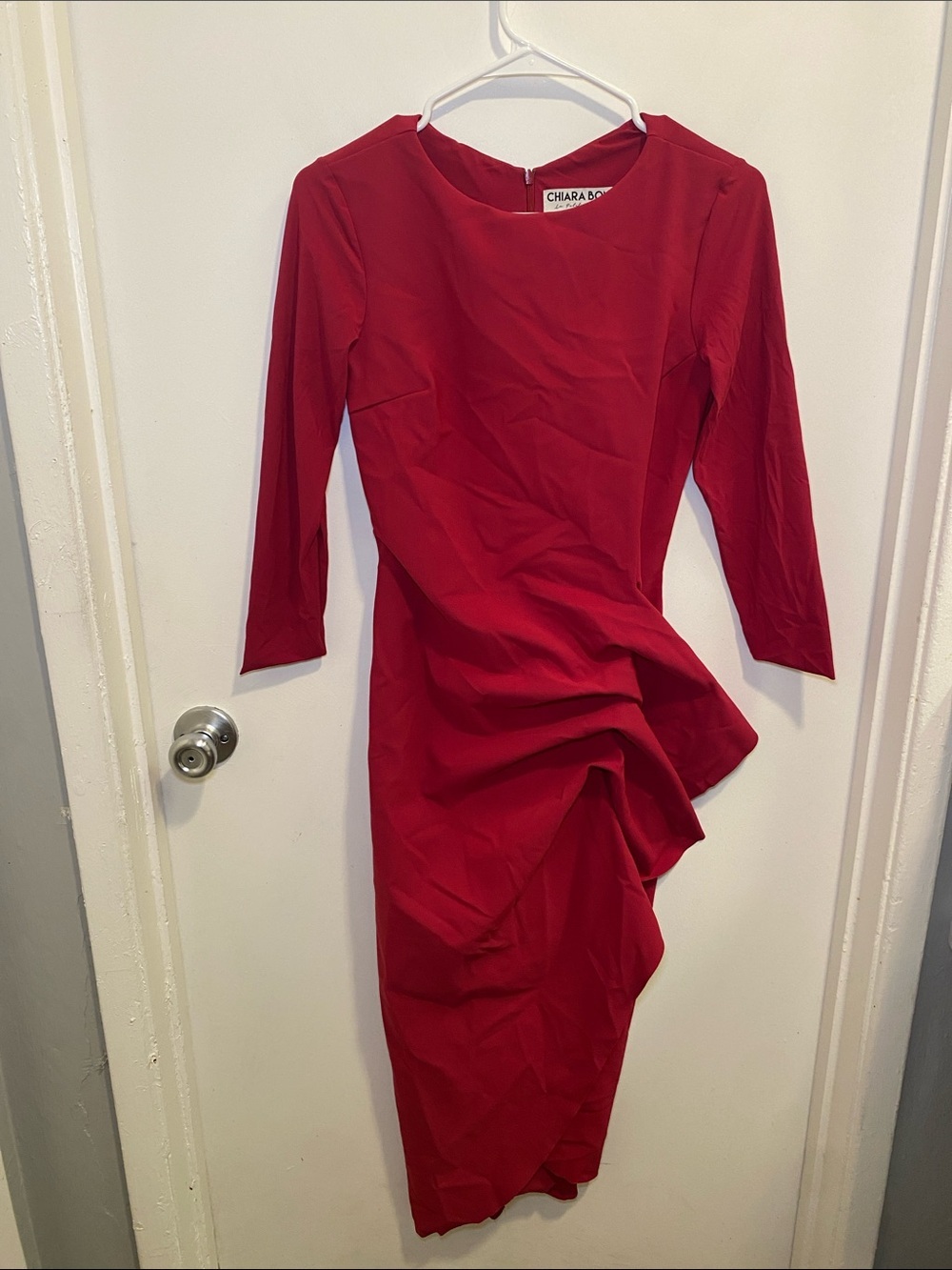 Chiara Boni Crimson Long-Sleeve Draped Midi Dress